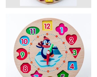 Wooden clock for toddlers, preschool toy, toddler toy, sensory toy, baby gift ideas, lacing toy, montessori toy, clock toy, shape toy,