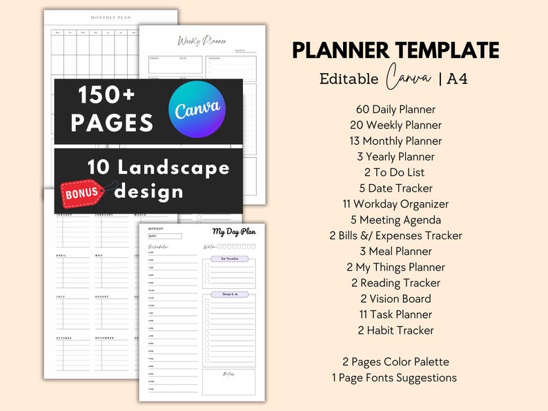 Puede incluir: Una plantilla de planificador con m&aacute;s de 150 p&aacute;ginas, 10 dise&ntilde;os de paisaje y una bonificaci&oacute;n. La plantilla es editable en Canva e incluye 60 planificadores diarios, 20 planificadores semanales, 13 planificadores mensuales, 3 planificadores anuales, 2 listas de tareas, 5 rastreadores de fechas, 11 organizadores de d&iacute;as laborables, 5 agendas de reuniones, 2 rastreadores de facturas y gastos, 3 planificadores de comidas, 2 planificadores de mis cosas, 2 rastreadores de lectura, 2 tableros de visi&oacute;n, 11 planificadores de tareas, 2 rastreadores de h&aacute;bitos, 2 p&aacute;ginas de paletas de colores y 1 p&aacute;gina de sugerencias de fuentes.