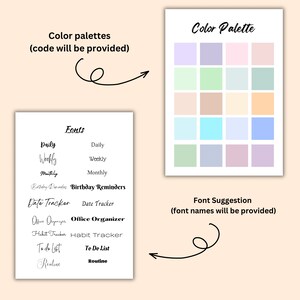 Puede incluir: Una plantilla de dise&ntilde;o de planificador digital con una paleta de colores pastel y una lista de fuentes para diferentes secciones, incluyendo "Diario", "Semanal", "Mensual", "Recordatorios de cumplea&ntilde;os", "Seguimiento de fechas", "Organizador de oficina", "Seguimiento de h&aacute;bitos", "Lista de tareas" y "Rutina".