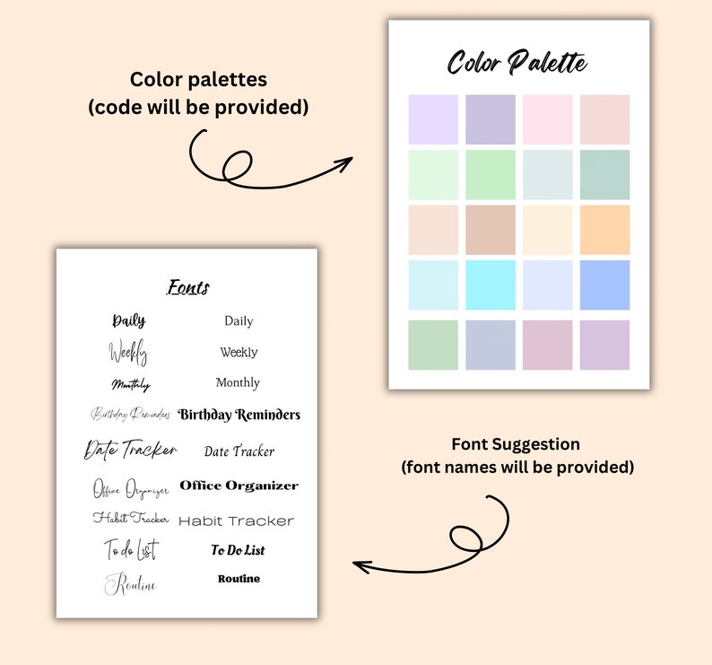 Puede incluir: Una plantilla de dise&ntilde;o de planificador digital con una paleta de colores pastel y una lista de fuentes para diferentes secciones, incluyendo "Diario", "Semanal", "Mensual", "Recordatorios de cumplea&ntilde;os", "Seguimiento de fechas", "Organizador de oficina", "Seguimiento de h&aacute;bitos", "Lista de tareas" y "Rutina".