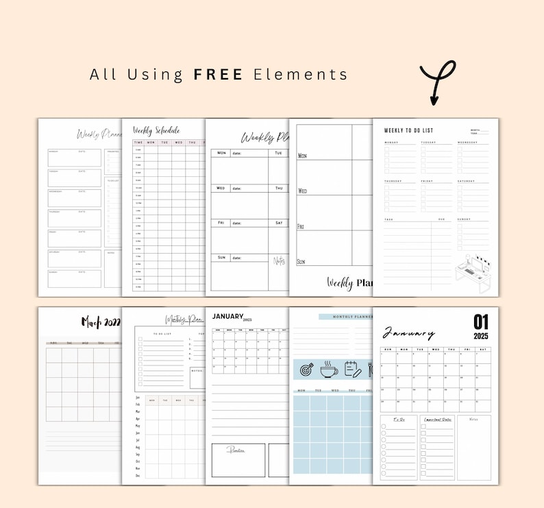 Puede incluir: Un conjunto de p&aacute;ginas de planificador imprimibles con un dise&ntilde;o en blanco y negro. Las p&aacute;ginas incluyen un horario semanal, una lista de tareas, un plan semanal, un calendario mensual y una p&aacute;gina de notas. Las p&aacute;ginas est&aacute;n dise&ntilde;adas para ayudarte a mantenerte organizado y encaminado hacia tus objetivos.