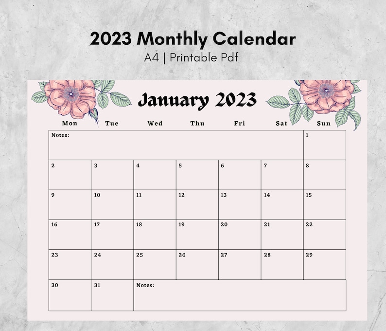 Pink Calendar 2023 Monthly Calendar Calendar 2023 Etsy Australia