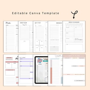 Puede incluir: Un conjunto de plantillas de planificador diario imprimibles en blanco y negro con un color de acento rosa y azul. Las plantillas incluyen secciones para listas de tareas, prioridades, recordatorios, notas, proyectos y plazos.