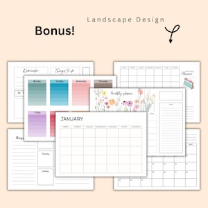 Puede incluir: Un conjunto de p&aacute;ginas de planificador imprimibles con un dise&ntilde;o floral. Las p&aacute;ginas incluyen un planificador mensual, un planificador semanal y una lista de tareas. Las p&aacute;ginas son en blanco y negro con un dise&ntilde;o floral en rosa, amarillo y verde.