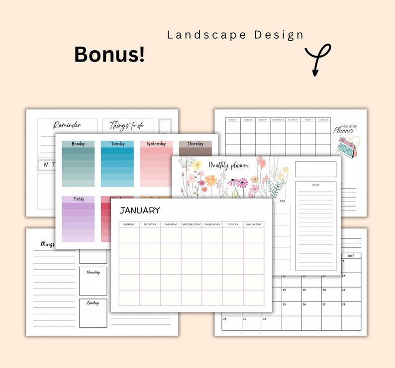 Puede incluir: Un conjunto de p&aacute;ginas de planificador imprimibles con un dise&ntilde;o floral. Las p&aacute;ginas incluyen un planificador mensual, un planificador semanal y una lista de tareas. Las p&aacute;ginas son en blanco y negro con un dise&ntilde;o floral en rosa, amarillo y verde.