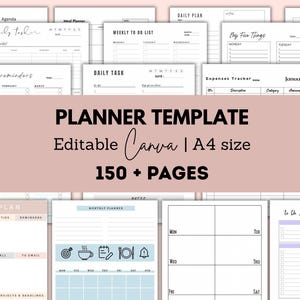 Puede incluir: Una plantilla de planificador con m&aacute;s de 150 p&aacute;ginas, dise&ntilde;ada para usar con Canva. La plantilla es de tama&ntilde;o A4 y presenta una variedad de p&aacute;ginas, que incluyen planificadores diarios, semanales y mensuales, as&iacute; como listas de tareas, rastreadores de gastos y recordatorios de cumplea&ntilde;os.