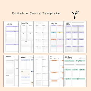 Puede incluir: Plantilla Canva editable para la planificaci&oacute;n. Incluye p&aacute;ginas para listas de tareas, planes anuales, fechas importantes, objetivos anuales y horarios diarios. La plantilla presenta un dise&ntilde;o colorido con colores pastel.