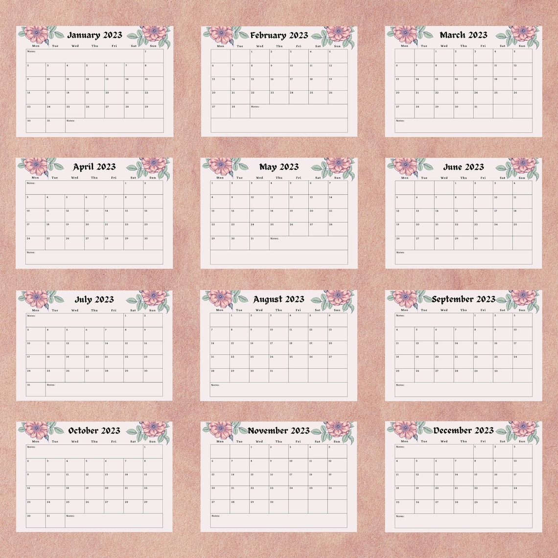 Pink Calendar 2023 Monthly Calendar Calendar 2023 Etsy Australia