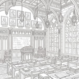 May include: A black and white line art illustration of a gothic-style lecture hall featuring rows of wooden desks with books and pens, a central podium, a large chalkboard covered in mathematical equations, and portraits hanging on the wall.