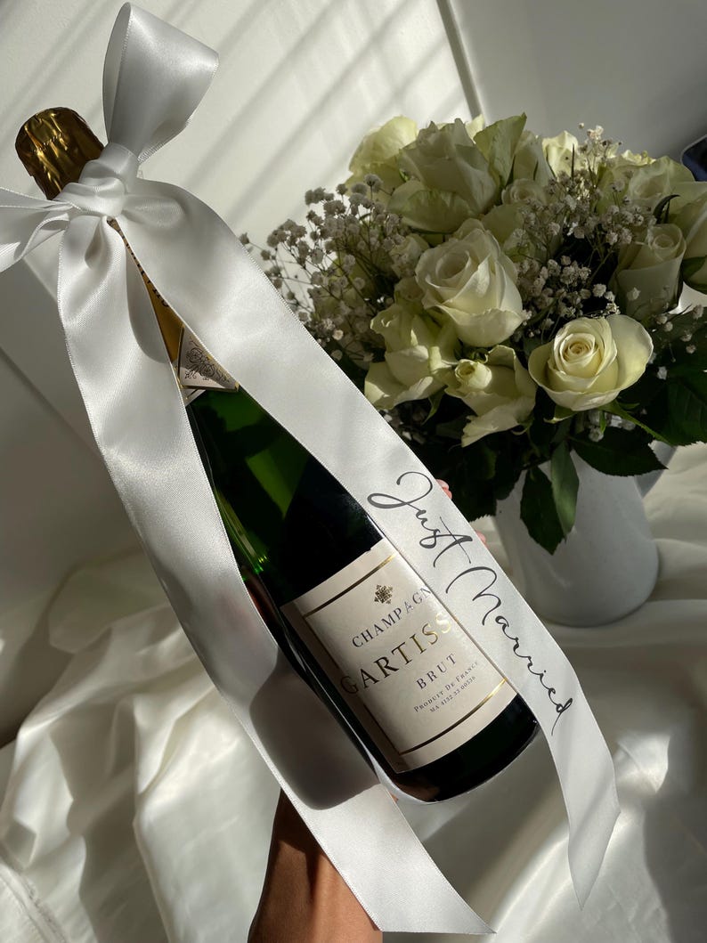Just Married Champagne Ribbon, custom satin wedding bow, gifts for newlyweds 画像 5