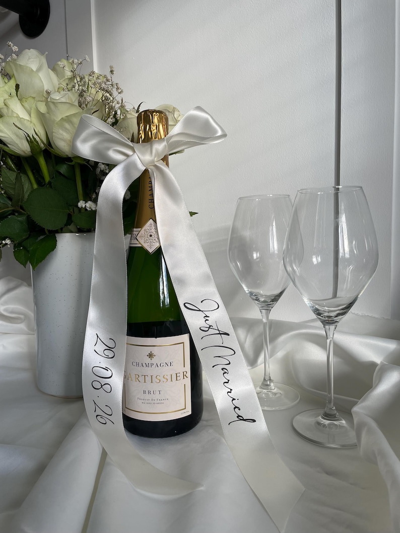 Just Married Champagne Ribbon, custom satin wedding bow, gifts for newlyweds 画像 3