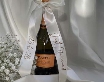 Just Married Champagne Ribbon, custom satin wedding bow, gifts for newlyweds