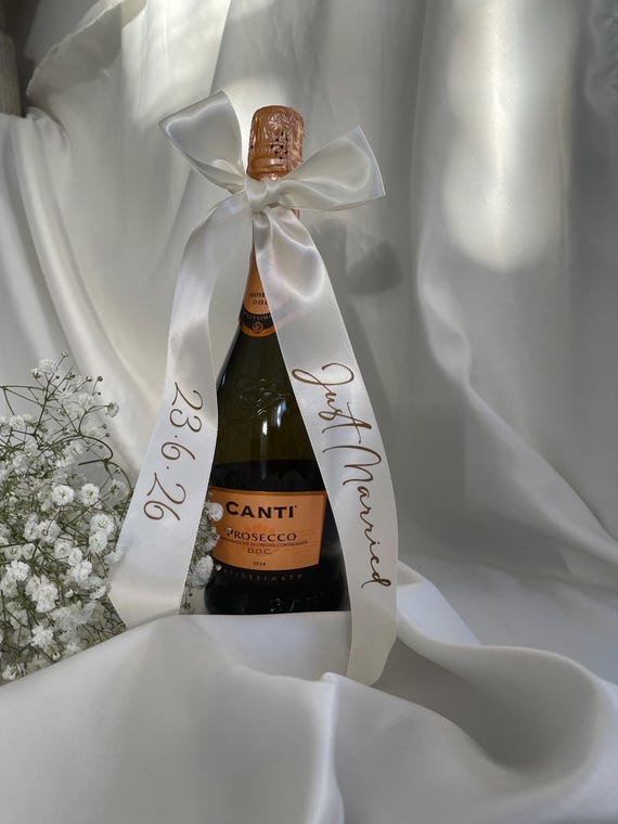 Just Married Champagne Ribbon, custom satin wedding bow, gifts for newlyweds