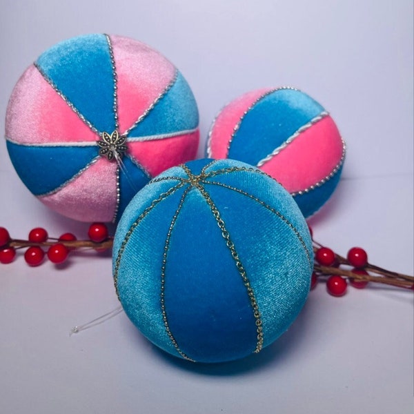 Set of 3 Vivid Pink and Sky blue velvet balls,Premium Christmas Gifts, Baby’s First Christmas, Candy Cane Pink Christmas Ornaments