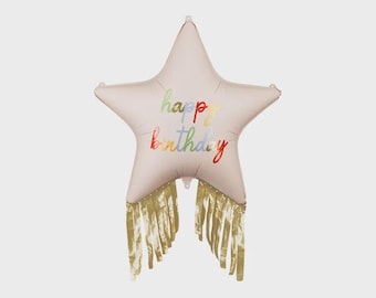 Pastel Star Balloon with Fringes (72x72cm) – Iridescent Tassel Happy Birthday Foil Balloon, Whimsical Modern Party Decor, Kids Photo Prop