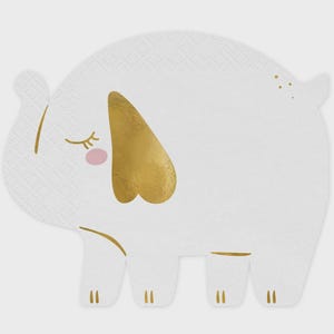 May include: A white paper napkin shaped like an elephant with a gold foil ear, gold foil lines for the eye, leg details, and tail, and a small pink circle for the cheek. The surface of the napkin has a textured, embossed pattern throughout.