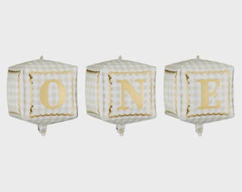 Folieballongset med gingham-motiv och babyblock (33 x 38 cm, 3-pack) – Neutral ONE Box Balloons