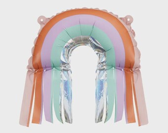 Boho Rainbow Foil Balloon with Fringes (38x41cm) – Pastel Rainbow Party Decor, Earthy Neutral Baby Shower, First Birthday Tassel Balloon