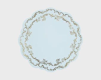 Misty Blue  Gold Filigree Round Placemats – Disposable Charger Mats (6 Pack)