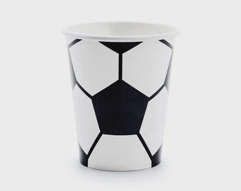 Soccer Party Cups – Matte White Paper with Glossy Black Football Pattern (Pack of 6)