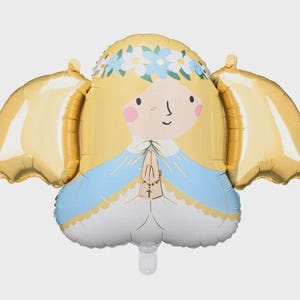 May include: A foil balloon shaped like an angel with blonde hair, a blue and white floral crown, and a light blue robe. The figure has hands pressed together in prayer with a rosary, and large, metallic gold wings extending from the sides.