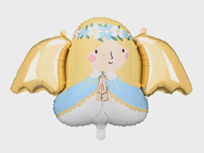 May include: A foil balloon shaped like an angel with blonde hair, a blue and white floral crown, and a light blue robe. The figure has hands pressed together in prayer with a rosary, and large, metallic gold wings extending from the sides.