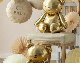 Gold Sitting Teddy Bear Foil Balloon, Woodland Baby Shower Party Decor