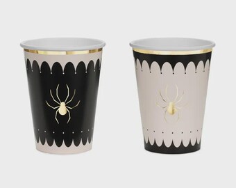 Papieren bekers met spinnenmotief, 400 ml, zwart, wit en met gouden rand, Halloween feestservies