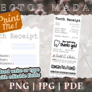 Druckbare Tooth Fairy Quittungen | Lustige Ideen für verlorenen Wackelzahn PDF JPG PNG | Personalisierter anpassbarer D.I.Y.
