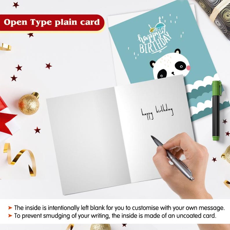 May include: A blank greeting card with a panda bear illustration on the front. The front of the card is blue with white clouds and the text "happy birthday". The inside of the card is blank for writing a message.