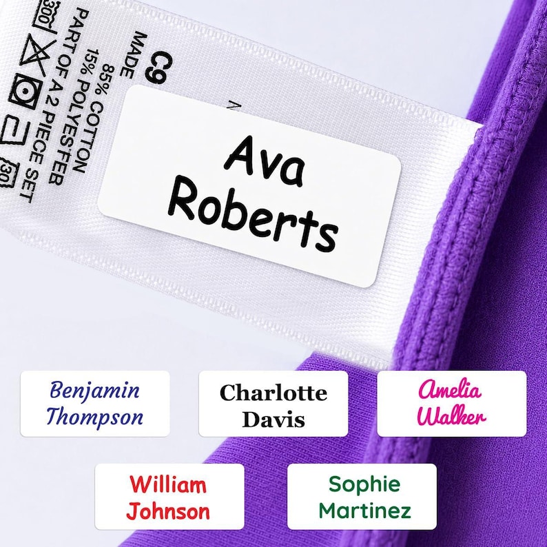 May include: A white clothing label with the black printed name Ava Roberts attached to a purple fabric garment. The label includes care instructions and material content of 85% cotton and 15% polyester. Additional sample labels show names Benjamin Thompson, Charlotte Davis, Amelia Walker, William Johnson, and Sophie Martinez.