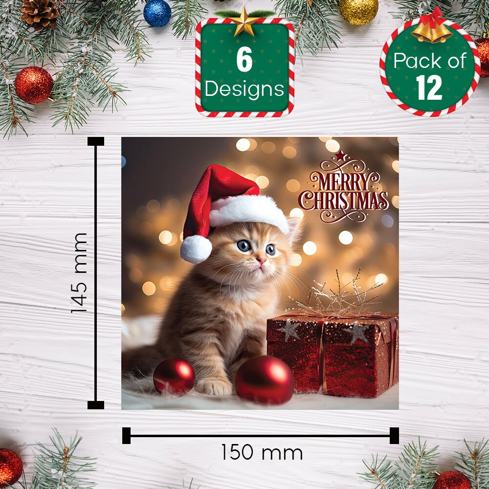 12 X Cute Cat Card (145 X 150 Mm) Cat Christmas Card Merry Christmas ...
