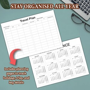 May include: A white paper travel planner with a grid for tracking annual leave and places to see, alongside a separate calendar sheet showing all twelve months. The text reads STAY ORGANISED ALL YEAR and Includes planning pages to track holidays, trips, and key details.