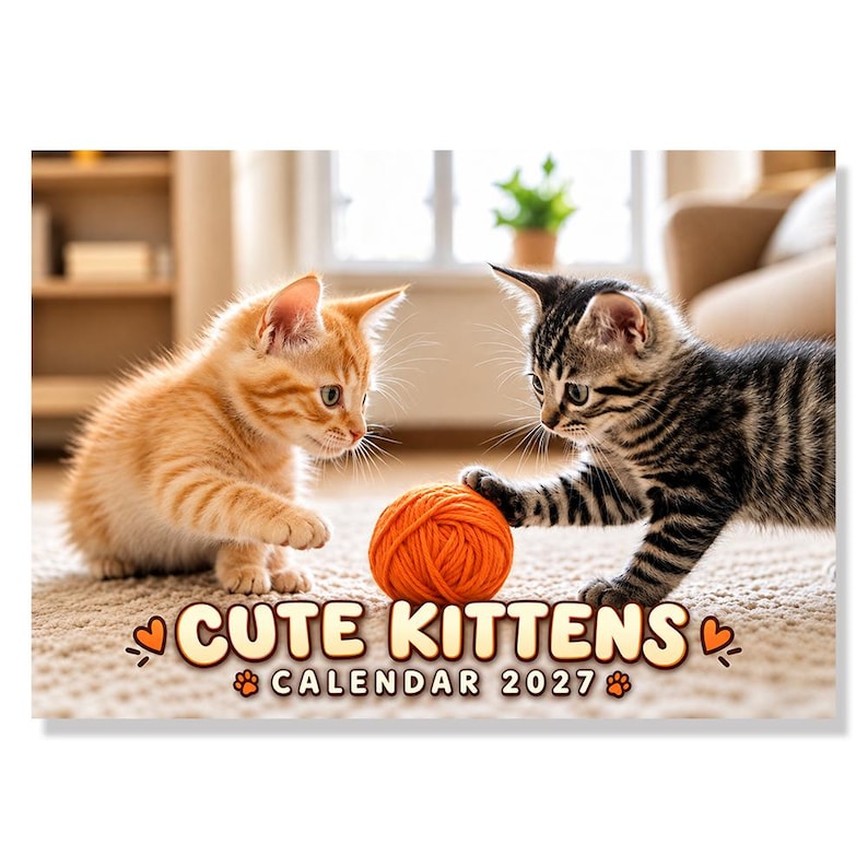 May include: A 2027 calendar featuring an orange tabby kitten and a grey tabby kitten playing with a bright orange ball of yarn. The text CUTE KITTENS CALENDAR 2027 is printed in large, bold letters at the bottom, accented by small orange hearts and paw prints.