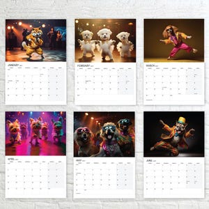 May include: A 2027 wall calendar featuring six monthly pages with images of dogs in costumes. January shows a dog in a yellow tracksuit, February has three white dogs in tutus, March features a dog in a suit, April shows dogs dancing, May has dogs in sunglasses, and June shows a dog in a top hat.