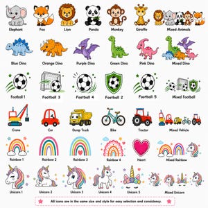 May include: A collection of colourful cartoon icons arranged in a grid, featuring animals, dinosaurs, footballs, vehicles, rainbows, hearts, and unicorns. Each icon is labelled with text below it, and a footer states all icons are the same size and style.