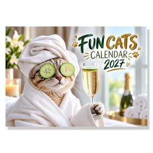 May include: A calendar titled FUN CATS CALENDAR 2027 featuring a cat wearing a white bathrobe and a matching towel wrapped around its head. The cat has cucumber slices over its eyes and is holding a glass of champagne in its paw.