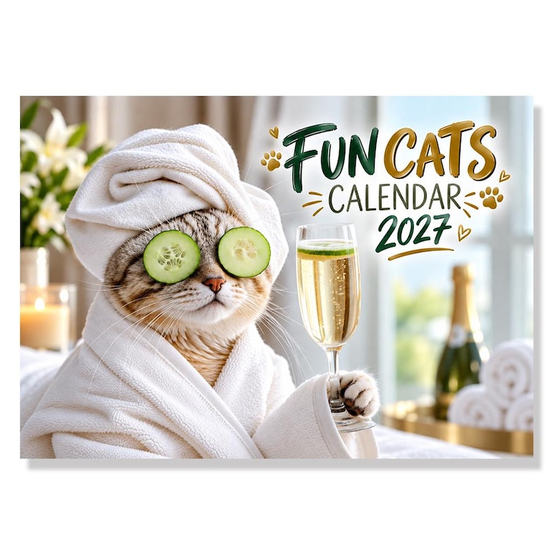 May include: A calendar titled FUN CATS CALENDAR 2027 featuring a cat wearing a white bathrobe and a matching towel wrapped around its head. The cat has cucumber slices over its eyes and is holding a glass of champagne in its paw.