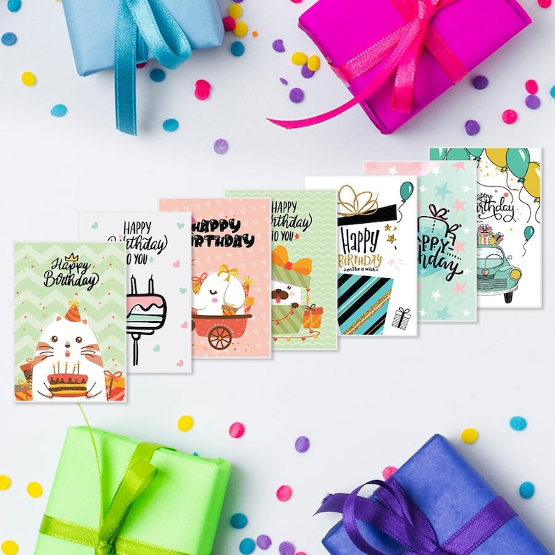 May include: A set of eight colorful birthday cards with different designs. The cards feature cute illustrations of animals, gifts, and balloons. The text on the cards says "Happy Birthday".
