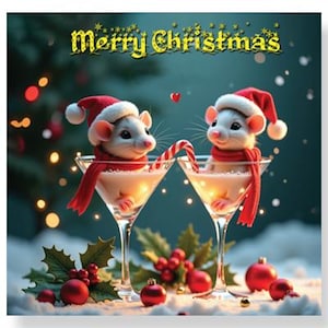 May include: A festive Christmas card featuring two adorable mice in martini glasses. The mice wear Santa hats and red scarves, with a candy cane and a creamy drink. The words "Merry Christmas" are displayed in yellow.