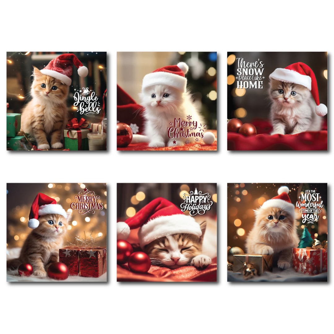12 X Cute Cat Card (145 X 150 Mm) Cat Christmas Card Merry Christmas ...