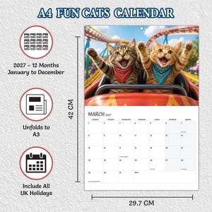 May include: A 2027 A4 Fun Cats Calendar measuring 42 cm by 29.7 cm. The cover features two cats in a roller coaster car wearing bandanas. The calendar spans 12 months from January to December, unfolds to A3 size, and includes all UK holidays.