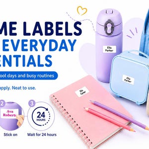 May include: White rectangular adhesive name labels with the text Ella Parker applied to a purple water bottle, a light blue lunch box, a blue backpack, a beige pencil case, and a pink spiral notebook with two colored pencils resting on top.