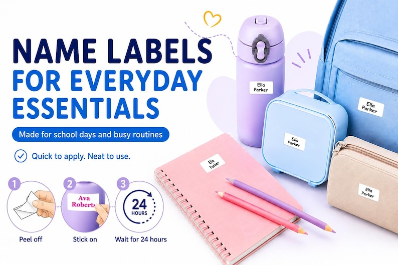 May include: White rectangular adhesive name labels with the text Ella Parker applied to a purple water bottle, a light blue lunch box, a blue backpack, a beige pencil case, and a pink spiral notebook with two colored pencils resting on top.