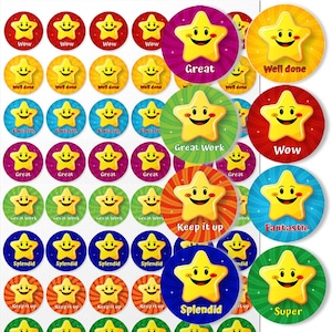 May include: A sheet of colorful star-shaped stickers with various positive messages, including "Wow", "Great", "Well done", "Fantastic", "Keep it up", "Splendid", and "Super".