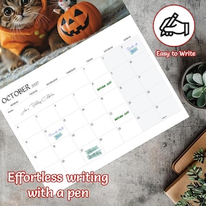 May include: A white paper calendar for October 2027 with black grid lines and text. The calendar features handwritten notes in various colors on specific dates. A small icon of a hand writing with a pen is in the top right corner with the text Easy to Write.