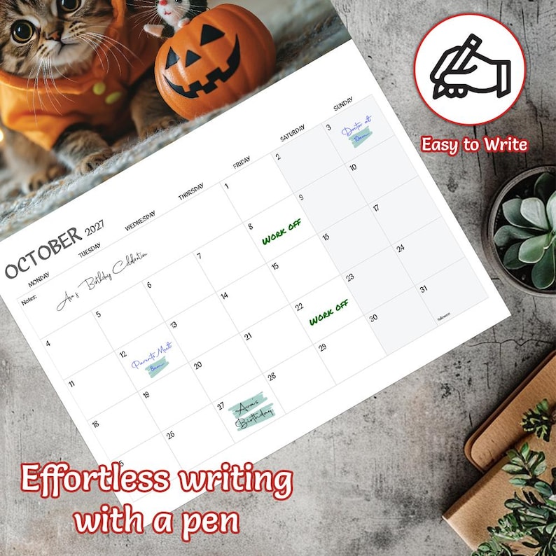May include: A white paper calendar for October 2027 with black grid lines and text. The calendar features handwritten notes in various colors on specific dates. A small icon of a hand writing with a pen is in the top right corner with the text Easy to Write.