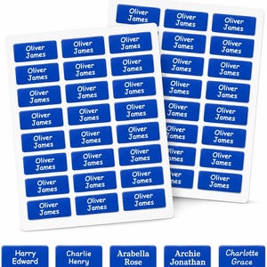 May include: Two rectangular sheets containing multiple blue adhesive labels with rounded corners. Each label features the white printed name Oliver James. Below the sheets are five individual blue labels with the names Harry Edward, Charlie Henry, Arabella Rose, Archie Jonathan, and Charlotte Grace.