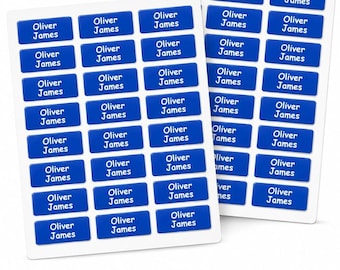 May include: Two rectangular sheets containing multiple blue adhesive labels with rounded corners. Each label features the white printed name Oliver James. Below the sheets are five individual blue labels with the names Harry Edward, Charlie Henry, Arabella Rose, Archie Jonathan, and Charlotte Grace.