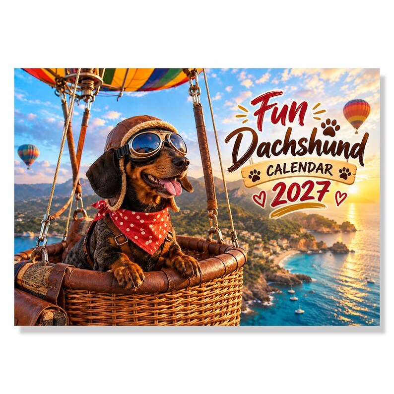 May include: A calendar cover featuring a dachshund wearing a brown aviator hat, goggles, and a red polka-dot bandana inside a wicker hot air balloon basket. The text reads Fun Dachshund CALENDAR 2027, with hot air balloons over a coastal landscape.